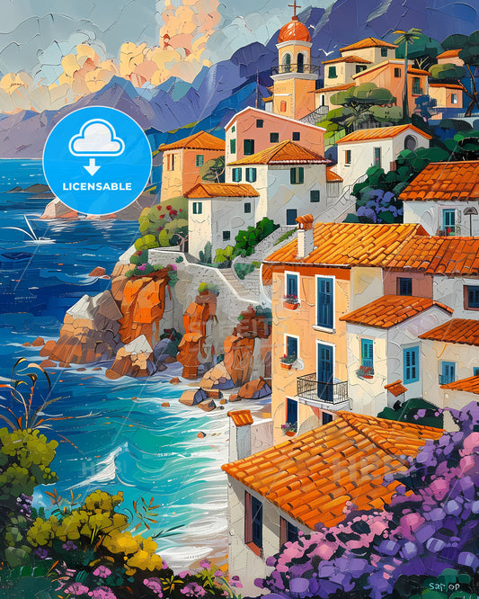 Vibrant Mediterranean Seascape Painting in Pointillism: Shimmering Waves and Picturesque Cliffside Town