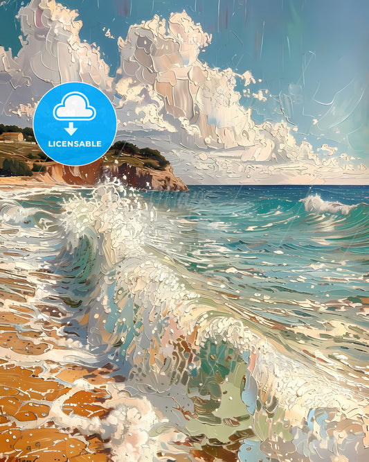 Pointillist Mediterranean Seascape: Shimmering Waves, Crashing Tide, Artistic Masterpiece, Vibrant Colors, Beach