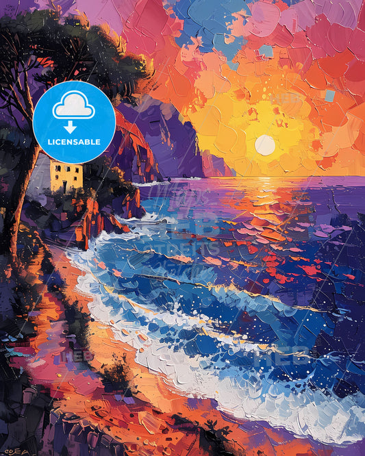 Mediterranean Seascape Pointillism Illustration: Shimmering Waves, Vibrant Beach House