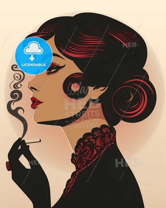 Vibrant Minimalist Cartoon: 1920s Woman in Elegant Attire, Looking Left, Smoking Cigarette, Artistic Focus on White Background