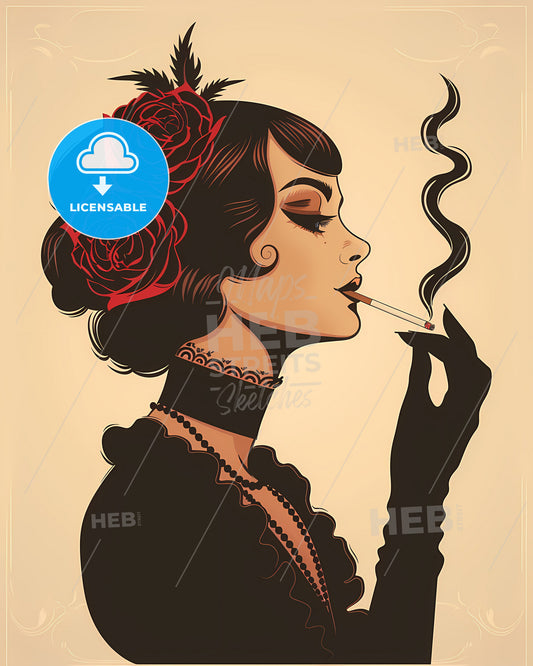 Elegant 1920s Woman Smoking Cigarette in Minimalist Cartoon, Exude Glamour and Artistry on a Vibrant White Background