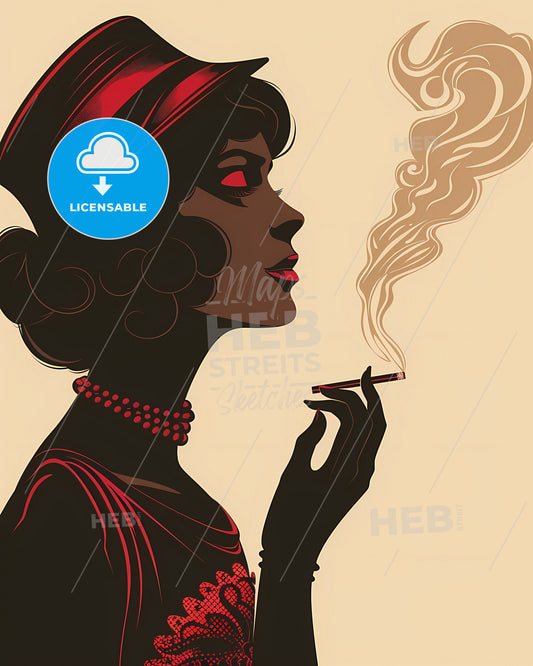 Elegant Vintage Lady Smoking Cigarette - Minimalist Artistic Stock Image with 1920s Fashion & Vibrant Stylish Painting on White Background