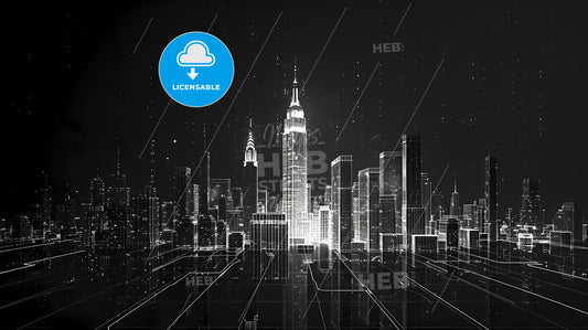 Futuristic Cityscape Line Drawing: Minimalist Contour Map Art, Vibrant Black and White Painting