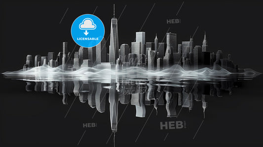 Futuristic Cityscapes Contour Map Skyline Reflection, Minimalist Line Drawing, Vibrant Art, City, Black Background, White Lines
