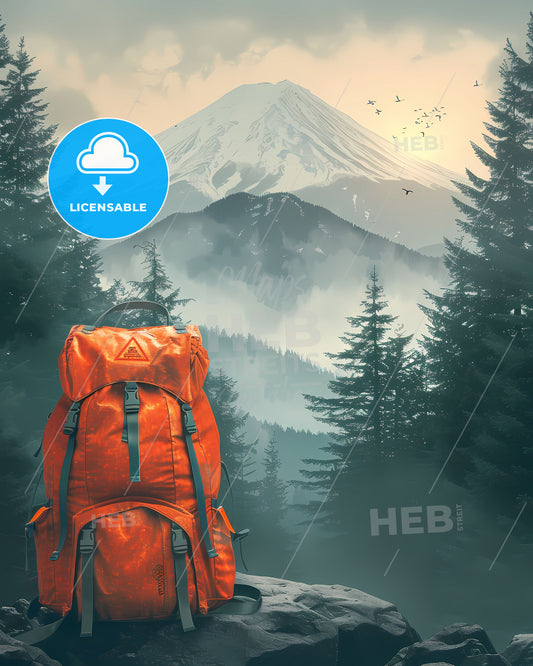 Minimalistic Travel Painting: Backpack on a Rock Overlooking Vibrant Mountains with Ample Copy Space for Creative Storytelling