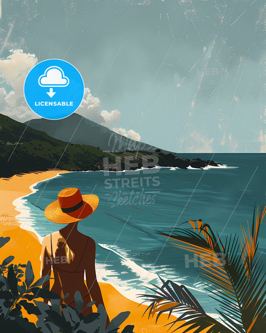 Vibrant Minimalistic Travel Artwork: Woman in Swimsuit on Beach with Ample Copy Space
