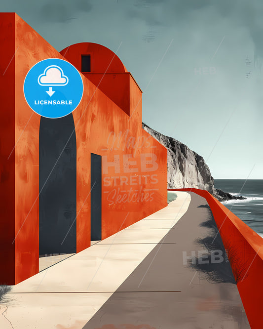 Vibrant Red Building Cliff Ocean Minimalistic Art Painting Travel Landscape Copy Space