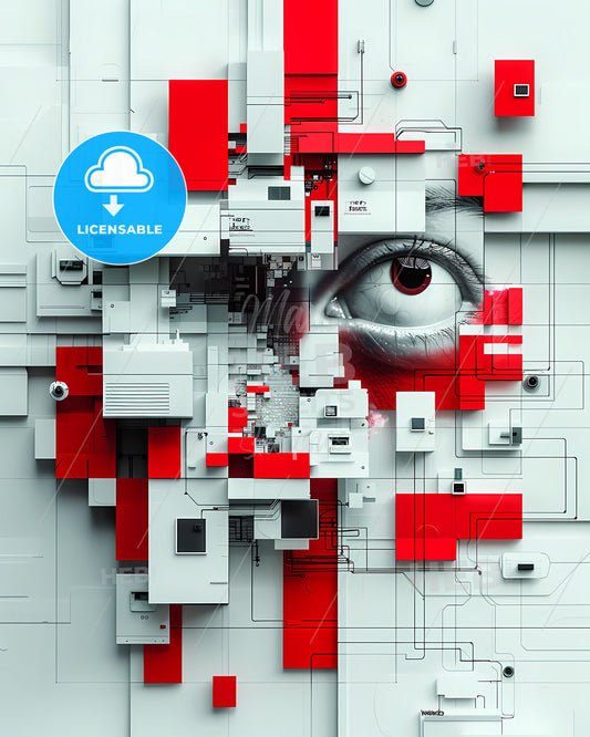 Modern Art Painting with Red and White Color Scheme Depicting an Eye Focus on the Artistic Aspect Alarm System Video Surveillance Theme