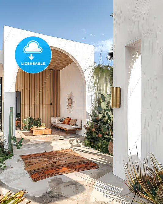 Contemporary Mediterranean Villa: White Walls, Wooden Accents, and Lush Australian Beachside Landscape