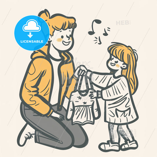 A Mom With Short Hair (Or Hair In A Bun) Kneels On The Floor With A Warm Smile - A Woman And A Girl Holding A Dress