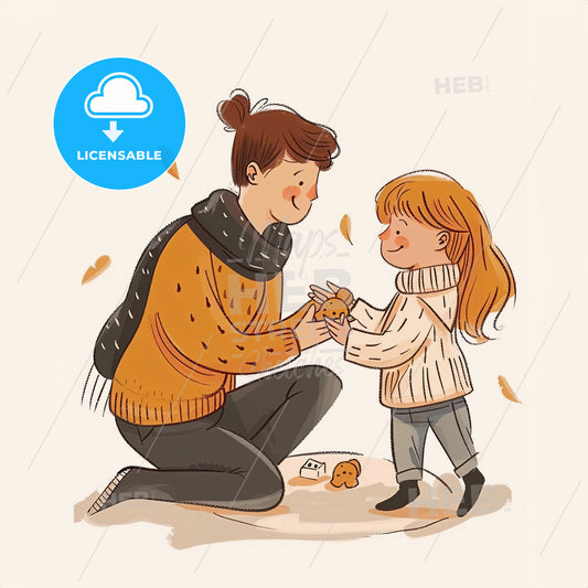 A Mom With Short Hair (Or Hair In A Bun) Kneels On The Floor With A Warm Smile - A Woman And A Child