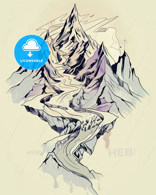 Mountain River: Abstract Lines, Earthy Hues - A drawing of a mountain with a river going through it