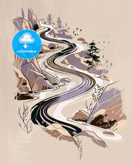 Serene Mountain River in Bold Lines and Hues - A winding river in a rocky landscape