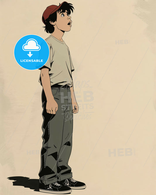 Hand Drawn Line Art Illustration On Beige Paper - A cartoon of a boy