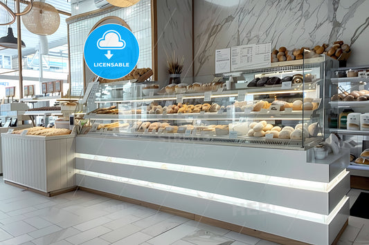 Modern and Bright Bakery Display Case Featuring Bread and Food Items with a Painterly Twist