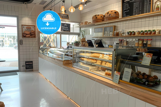 Modern Bakery Display Case Interior, Vibrant Painting, Industrial Design