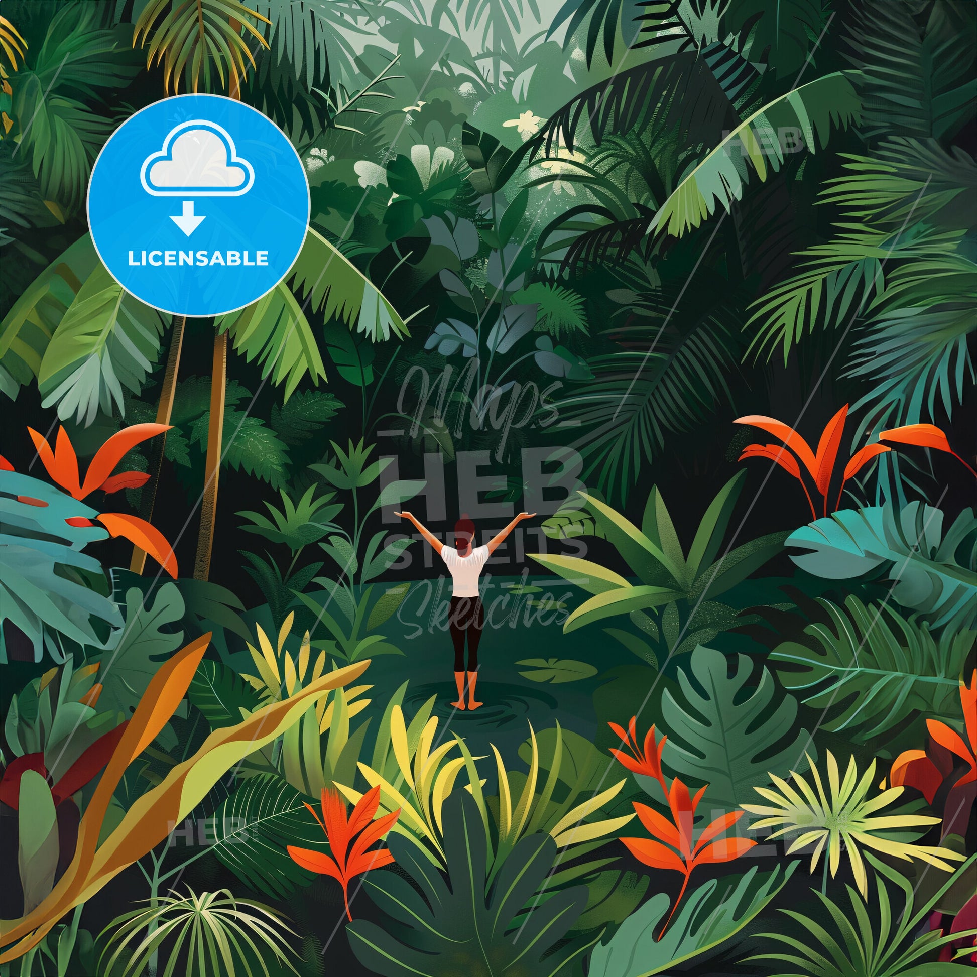 A Painting Of A Woman Doing Yoga In The Middle Of A Tropical And Dense Garde - A Painting Of A Skyline With A Colorful Building