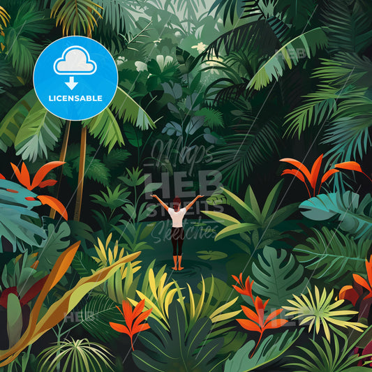 A Painting Of A Woman Doing Yoga In The Middle Of A Tropical And Dense Garde - A Painting Of A Skyline With A Colorful Building