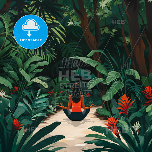 A Painting Of A Woman Doing Yoga In The Middle Of A Tropical And Dense Garde - A Woman Sitting In A Forest