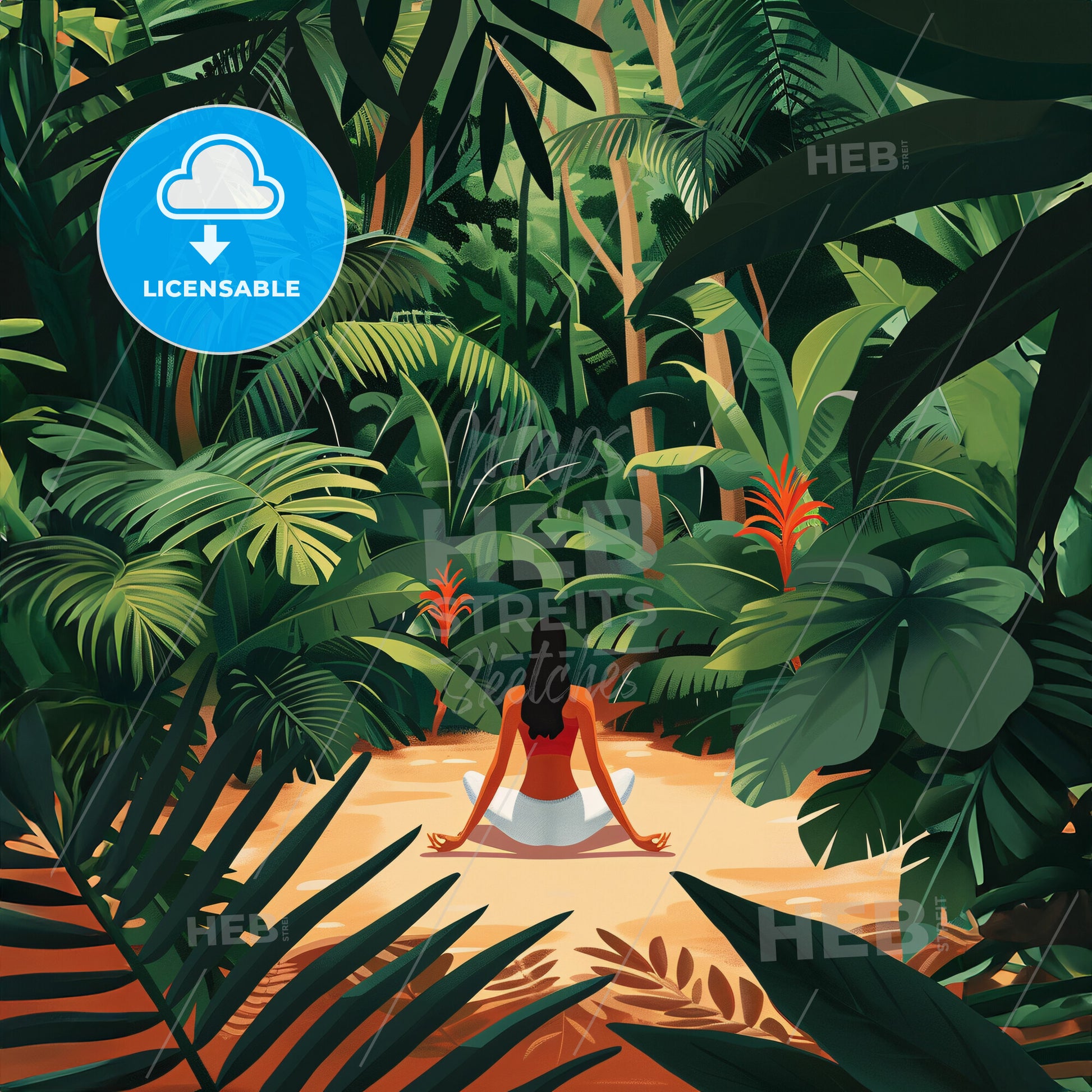 A Painting Of A Woman Doing Yoga In The Middle Of A Tropical And Dense Garde - A Woman Sitting In The Middle Of A Forest