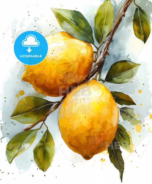 Artful Watercolor Painting of Two Lemons on a Branch, 240p, White Background