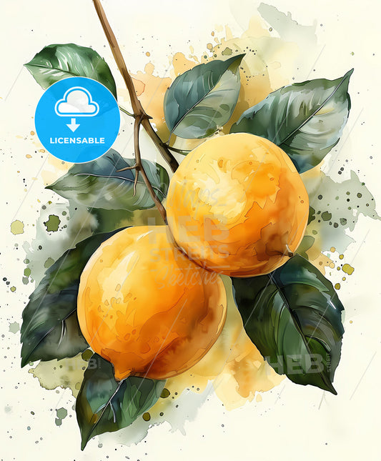 Painting of Two Lemons on a Branch, Vibrant Watercolor Art, Abstract, Modern, Digital, Traditional, Illustration