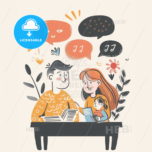 A parent and a teacher have a conversation at a school desk - A man and woman sitting at a table with a baby