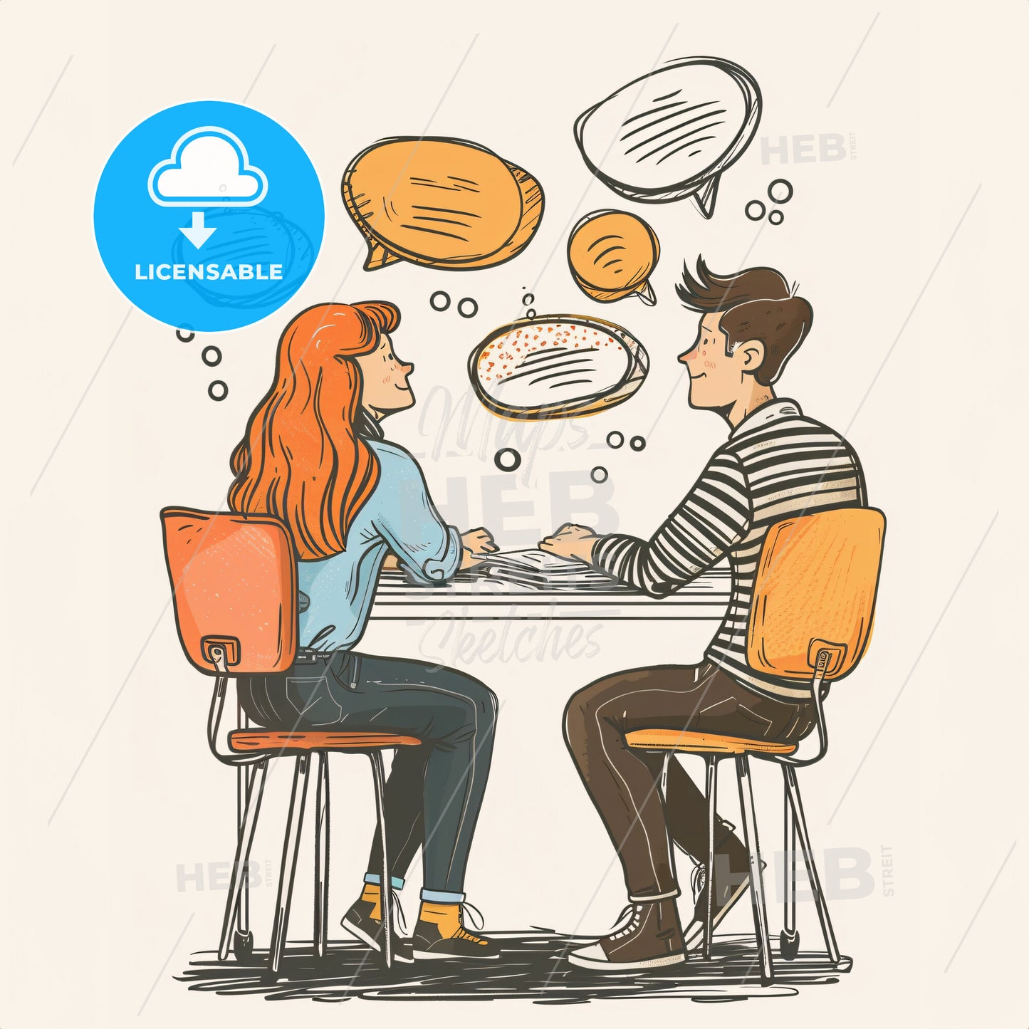 A parent and a teacher have a conversation at a school desk - A man and woman sitting at a table with speech bubbles