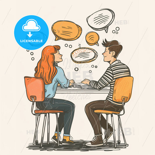 A parent and a teacher have a conversation at a school desk - A man and woman sitting at a table with speech bubbles