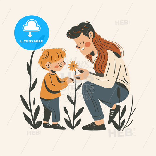 A parent and child kneel on the grass - A woman and child holding a flower