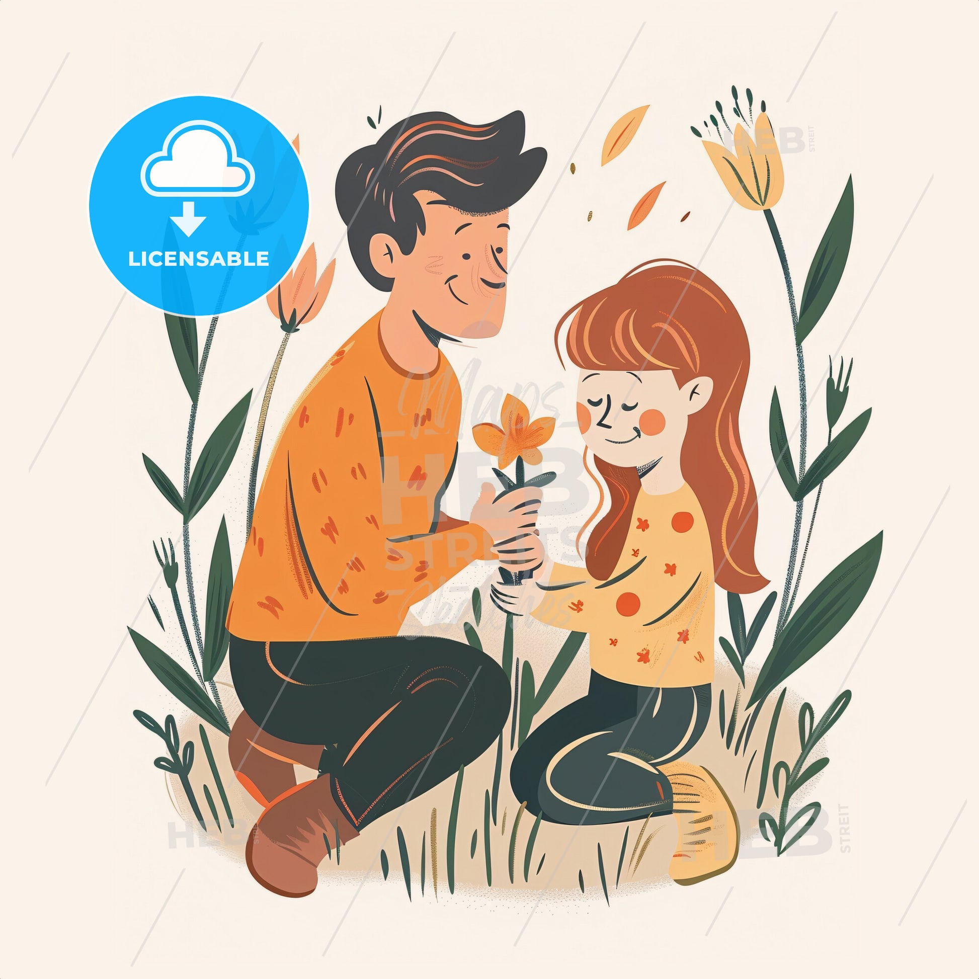 A parent and child kneel on the grass - A man and a girl holding a flower