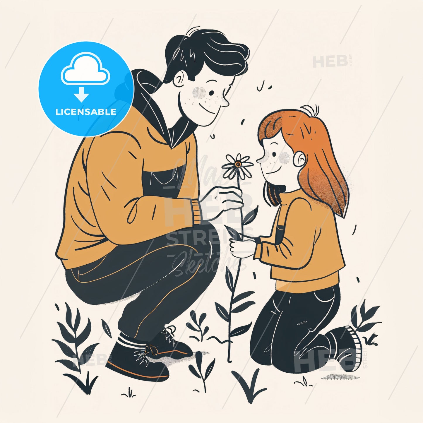 A parent and child kneel on the grass - A man and a girl kneeling and holding a flower