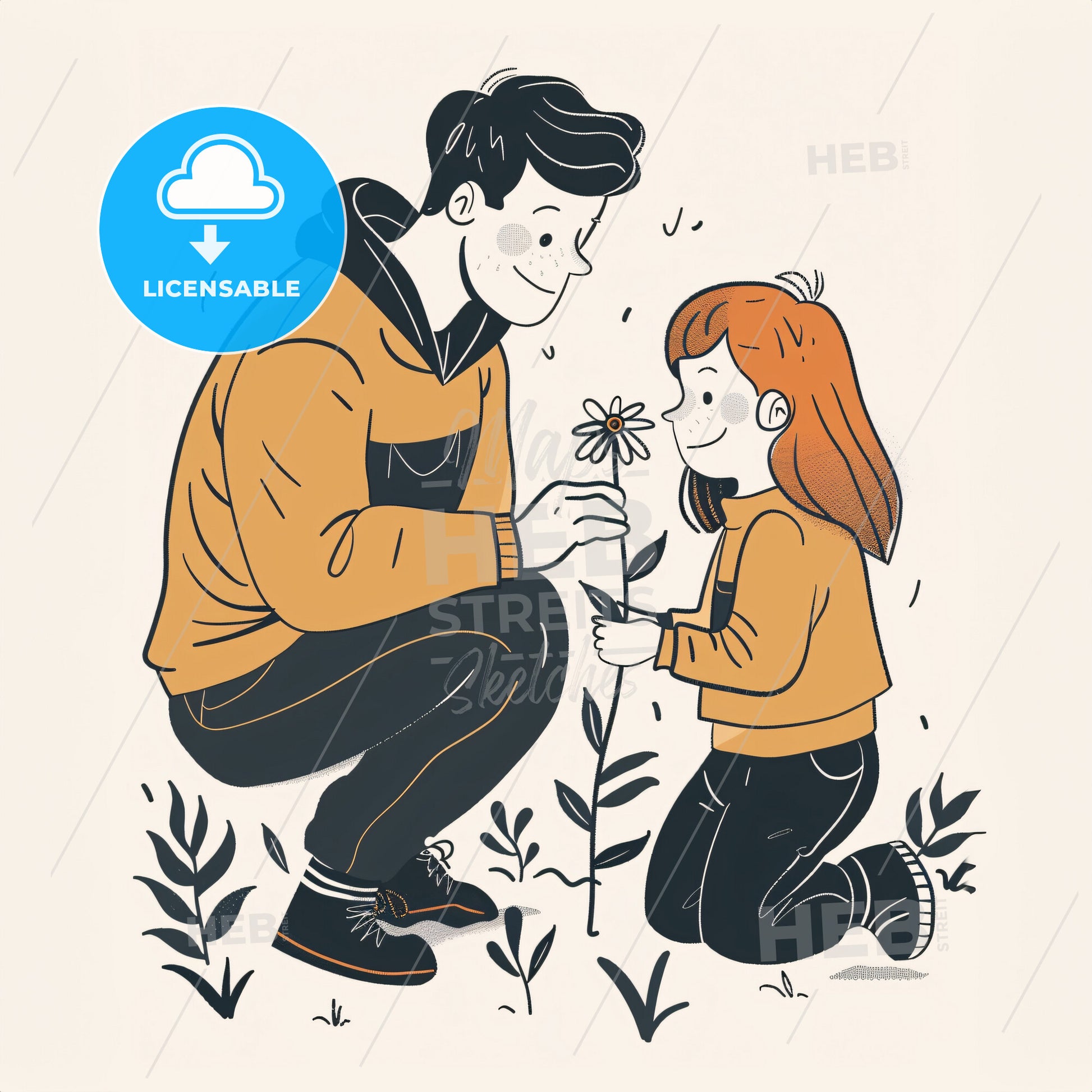 A parent and child kneel on the grass - A man and a girl kneeling and holding a flower