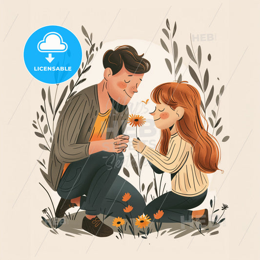 A parent and child kneel on the grass - A man and a girl kneeling in a field with flowers