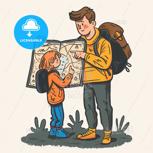 A parent and child looking at a map together - A man and a girl looking at a map