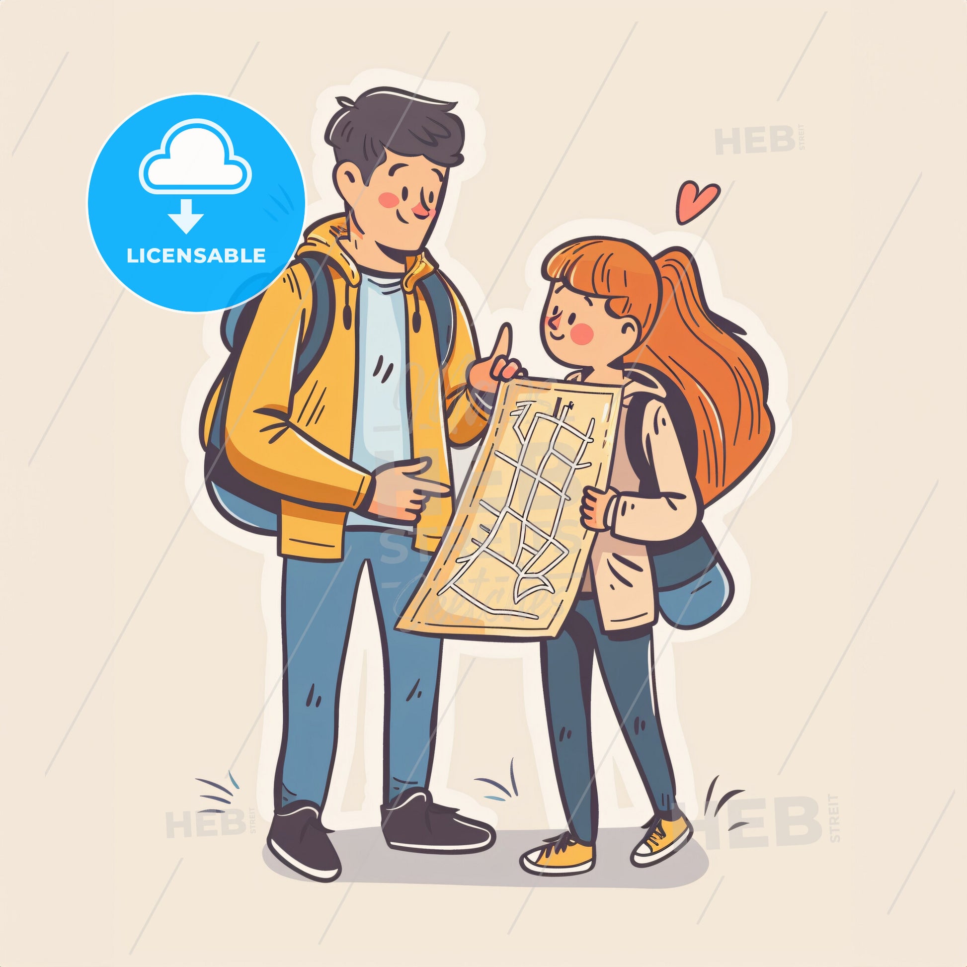 A parent and child looking at a map together - A cartoon of a boy and girl looking at a map