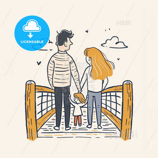 A parent and child stand on opposite sides of a bridge - A man and woman holding hands and holding a child on a bridge