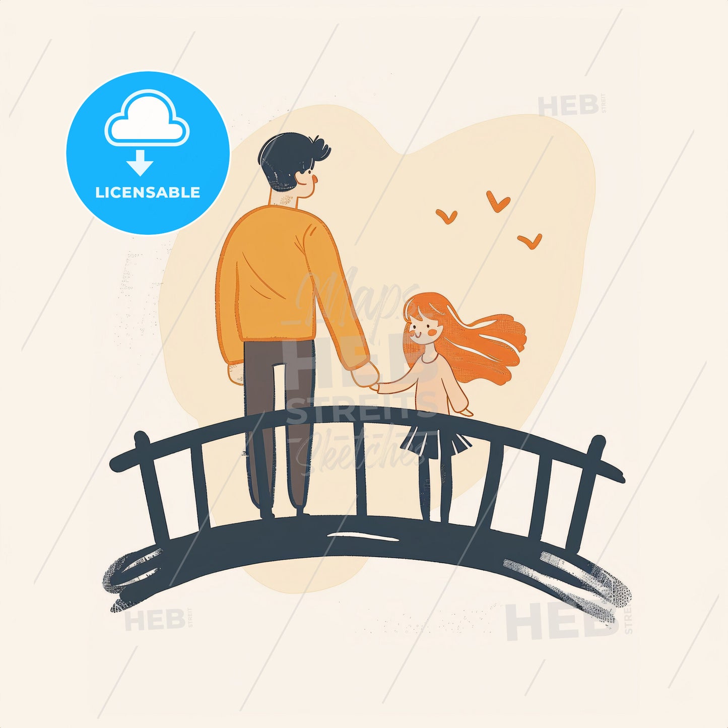 A parent and child stand on opposite sides of a bridge - A man and a girl holding hands on a bridge