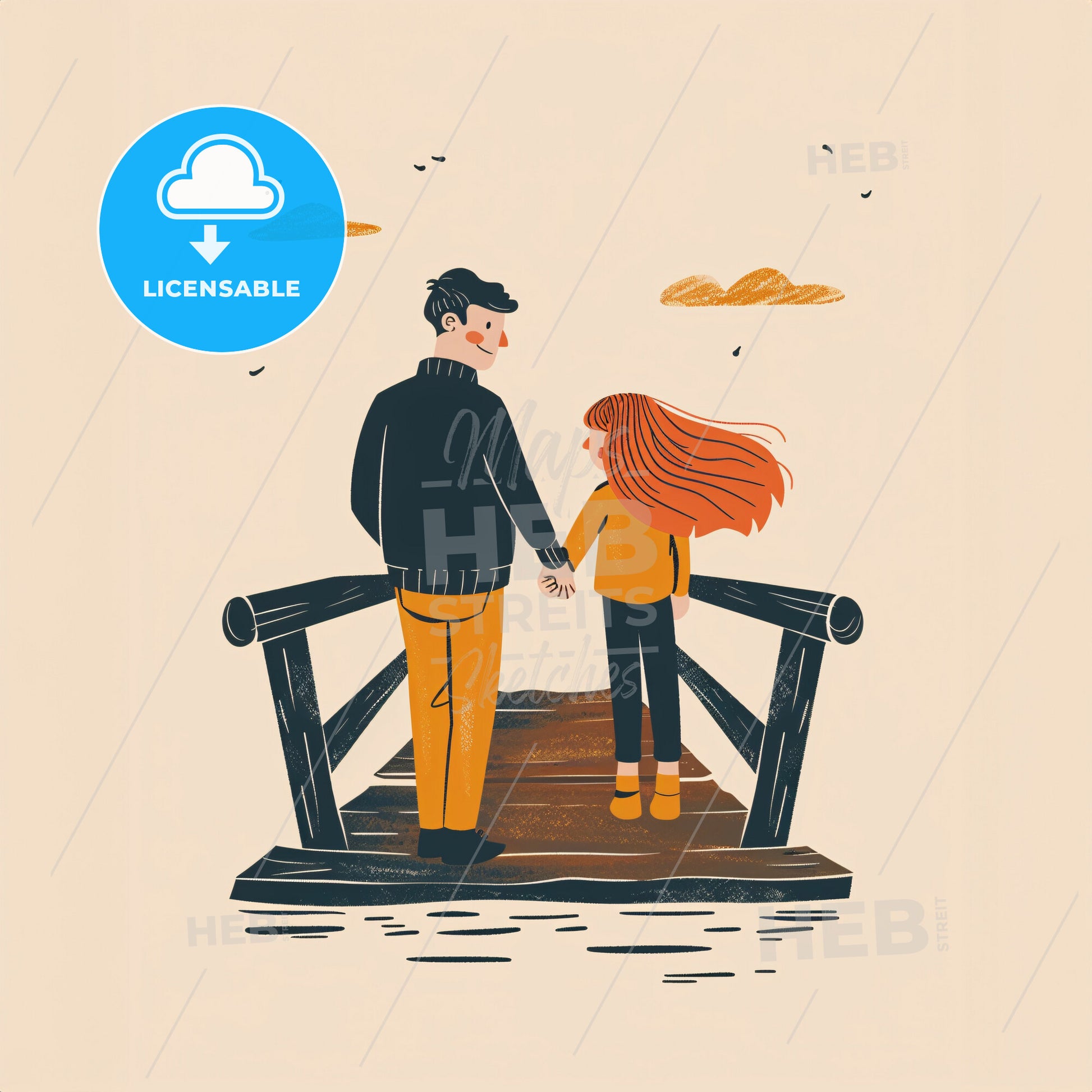 A parent and child stand on opposite sides of a bridge - A man and a girl holding hands on a wooden bridge