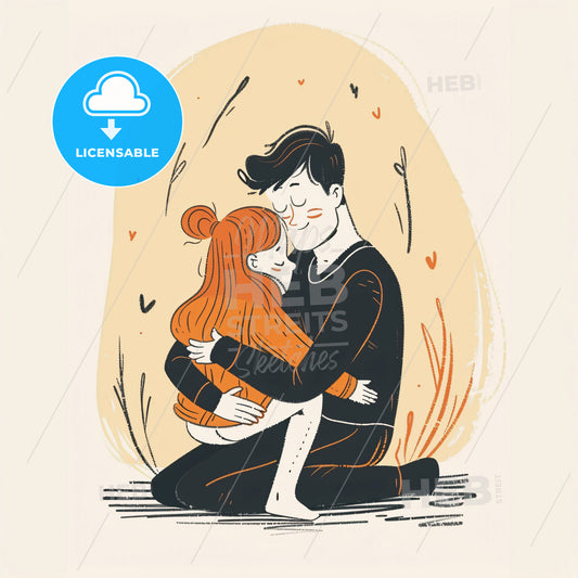 A parent kneels on the floor and offers a hug to a crying child - A man and a girl hugging