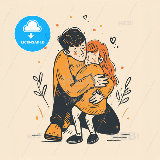 A parent kneels on the floor and offers a hug to a crying child - A man and woman hugging