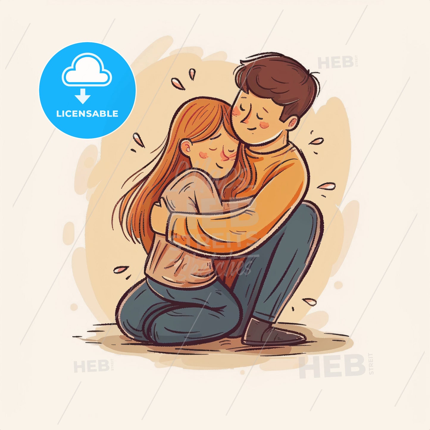 A parent kneels on the floor and offers a hug to a crying child - A man and woman hugging