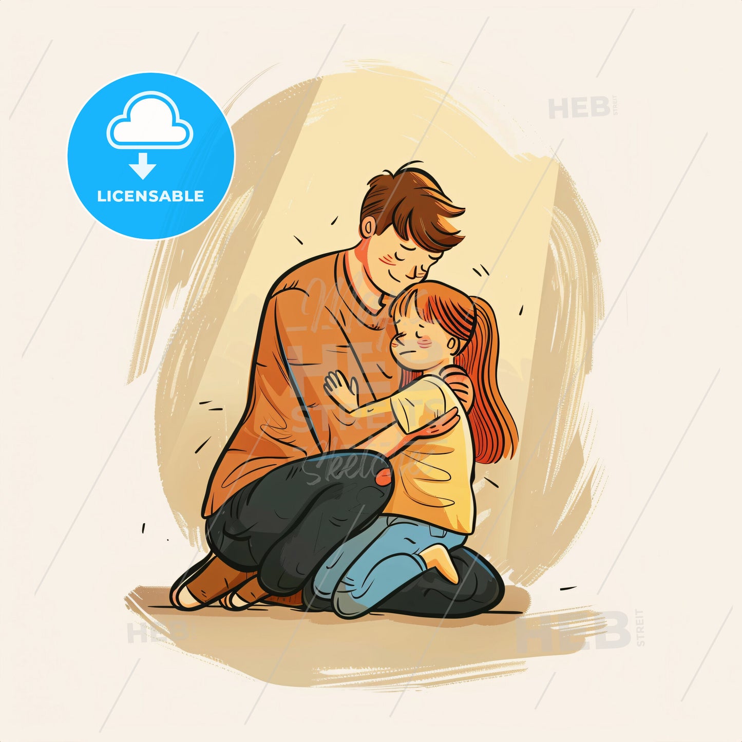 A parent kneels on the floor and offers a hug to a crying child - A man and a girl hugging