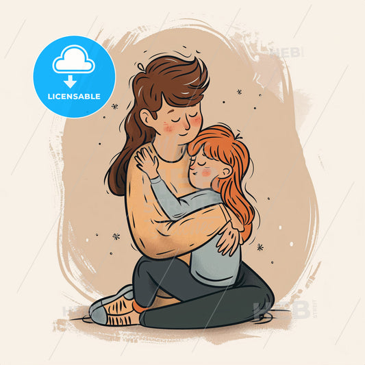A parent kneels on the floor and offers a hug to a crying child - A woman hugging a girl