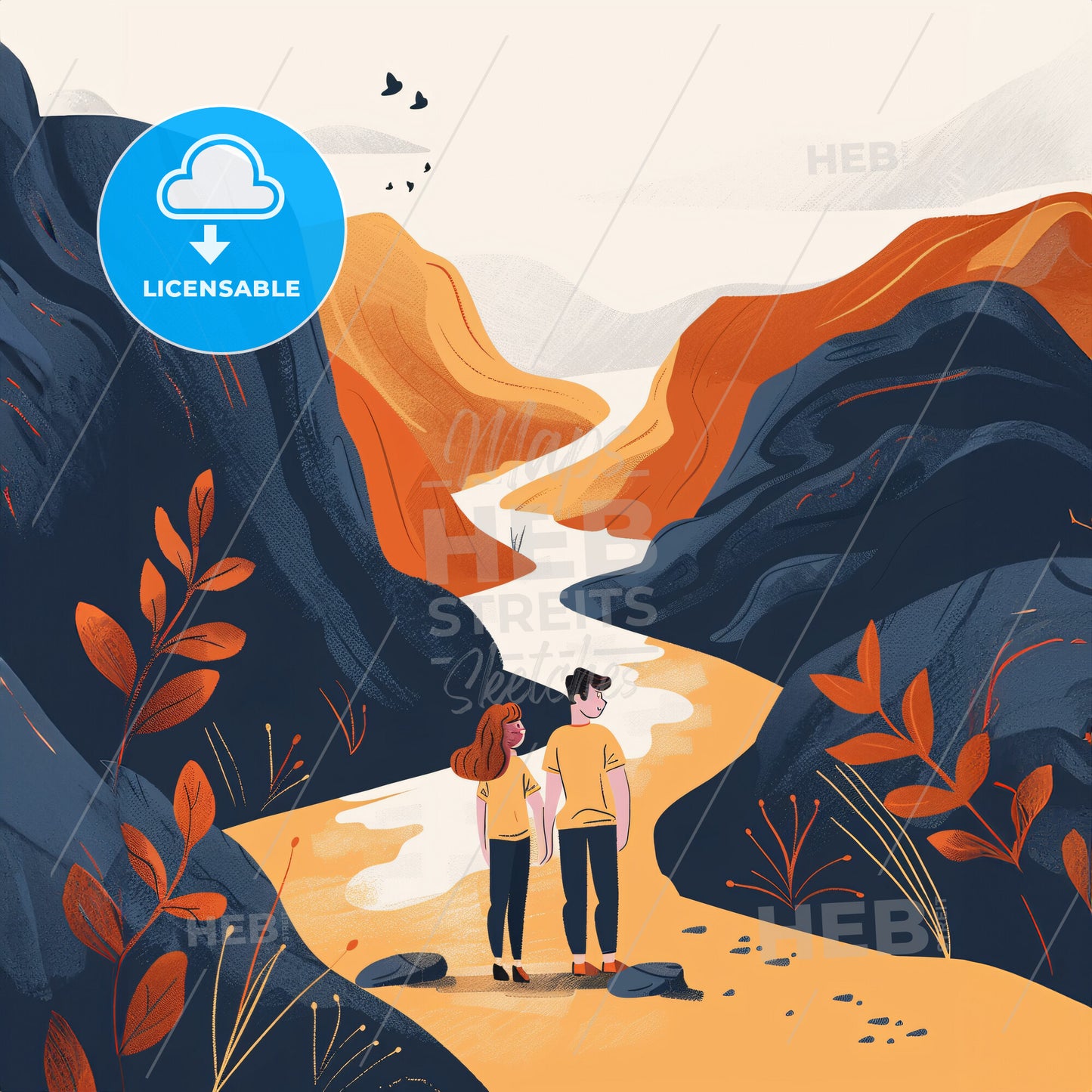 A path winds through a mountainous landscape - A man and woman standing in a canyon