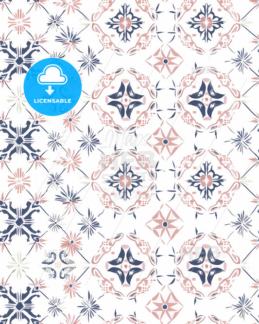 Minimalist Folk Art Mosaic Watercolor Illustration: Blue and Pink Flowers on White