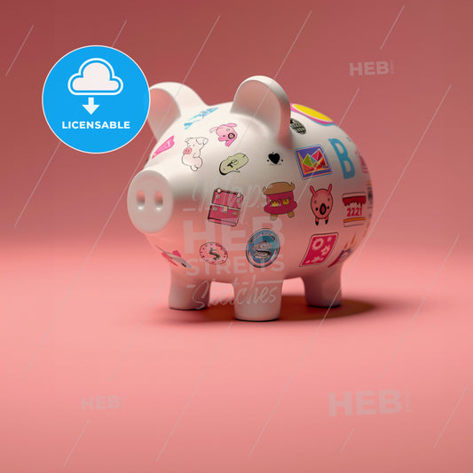 a piggy bank with stickers on it - A piggy bank with stickers on it