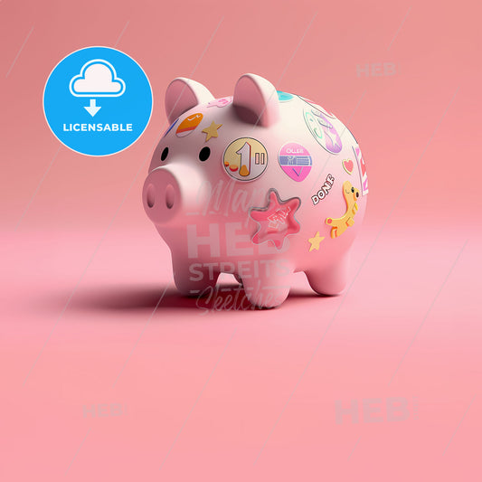 a piggy bank with stickers on it - A piggy bank with stickers on it