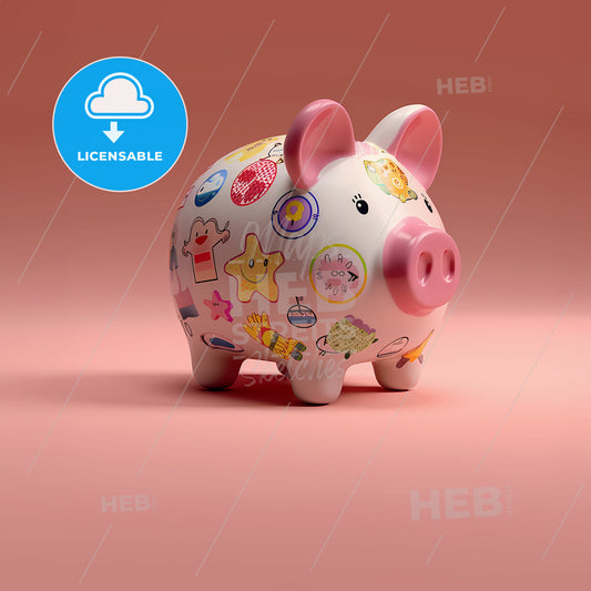 a piggy bank with stickers on it - A piggy bank with stickers on it