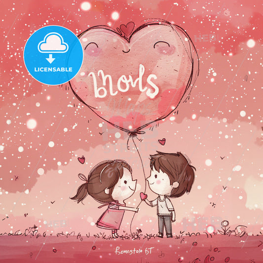 A Cartoon Of A Boy And Girl Holding A Heart Shaped Balloon